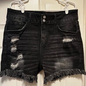 Distressed Black Denim Shorts